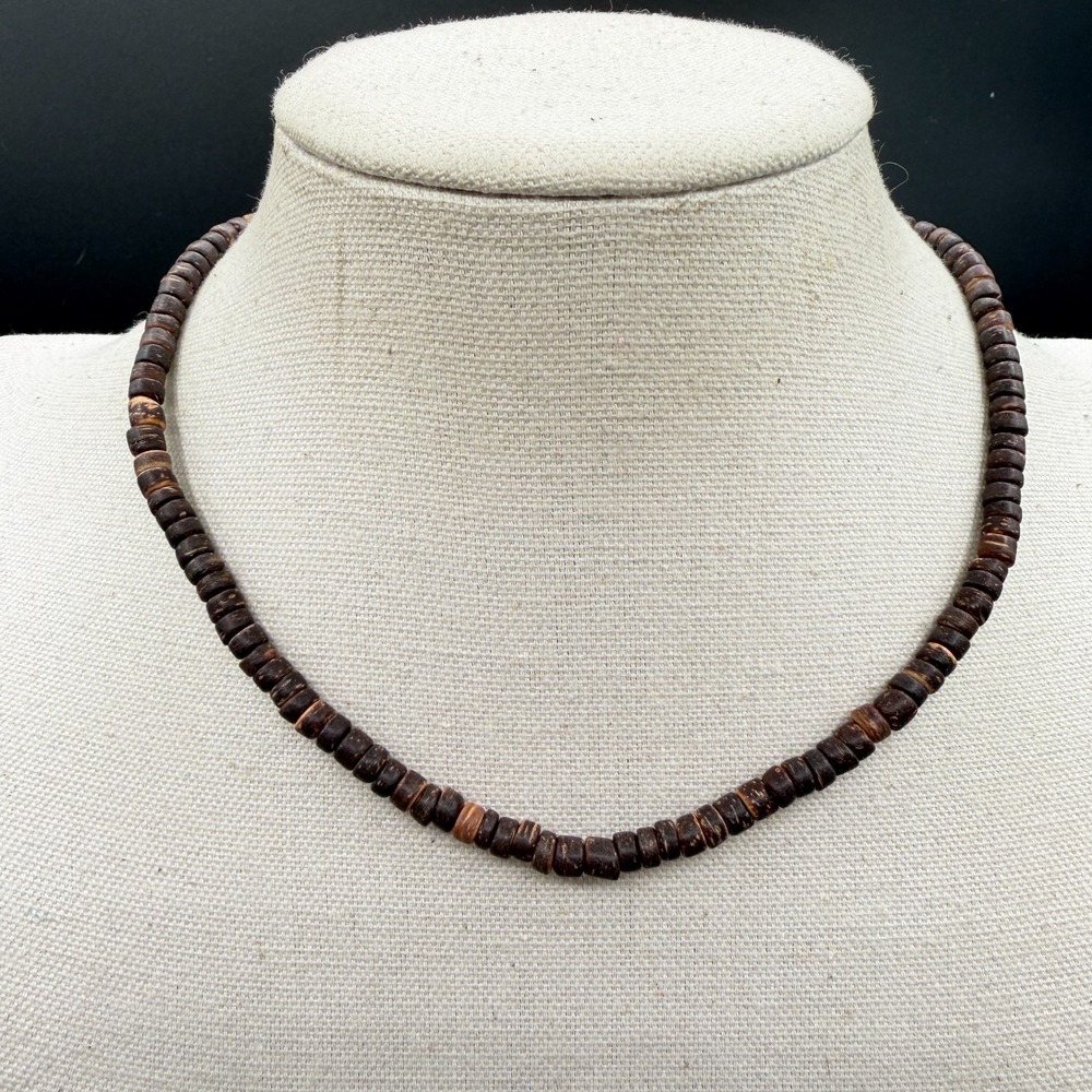 Dark Brown Coconut Shell Heishi Disc Bead Necklace Boho Beach Choker Vintage